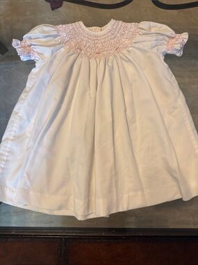 Handmade White Smocked Baby Dress with Pink Trim